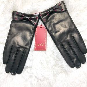Genuine Leather Black Bow Gloves Size 8